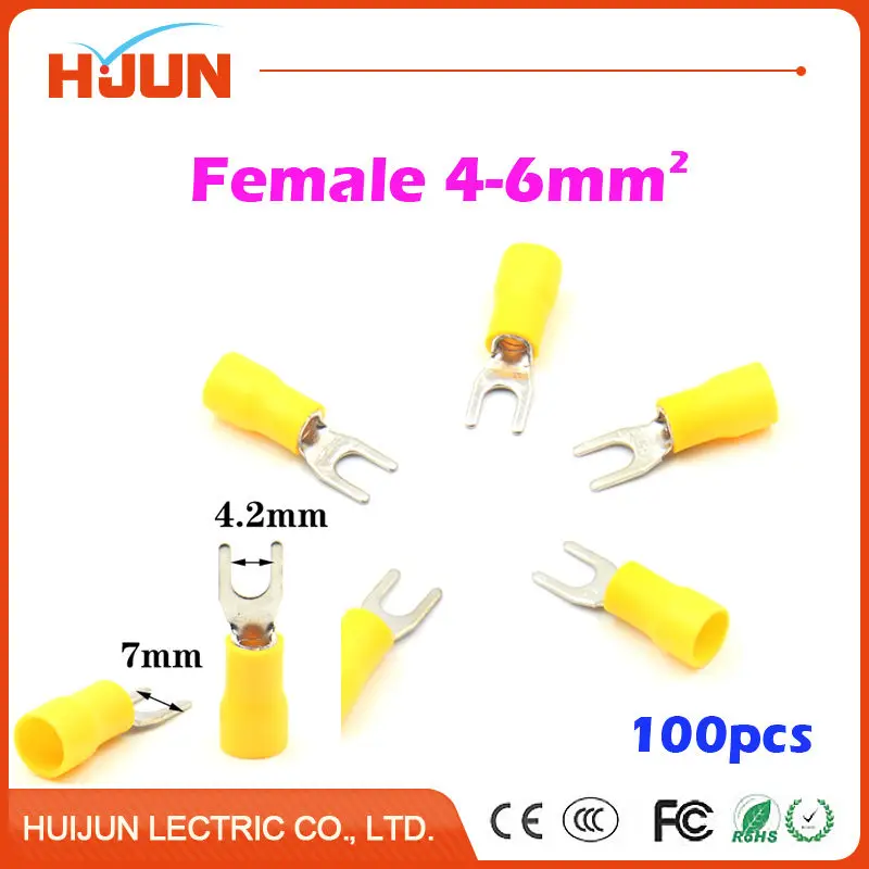 

100pcs/lot SV5.5-6 Insulated Fork Wire Splice Connector Copper Electrical Cable Crimp Spade Terminal Cold Pressing 4-6mm2