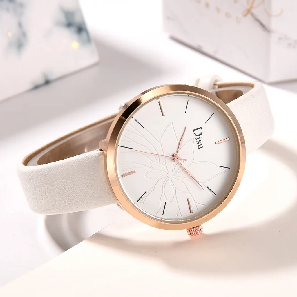 Часы женские кварцевые с кожаным ремешком цветами | Наручные часы