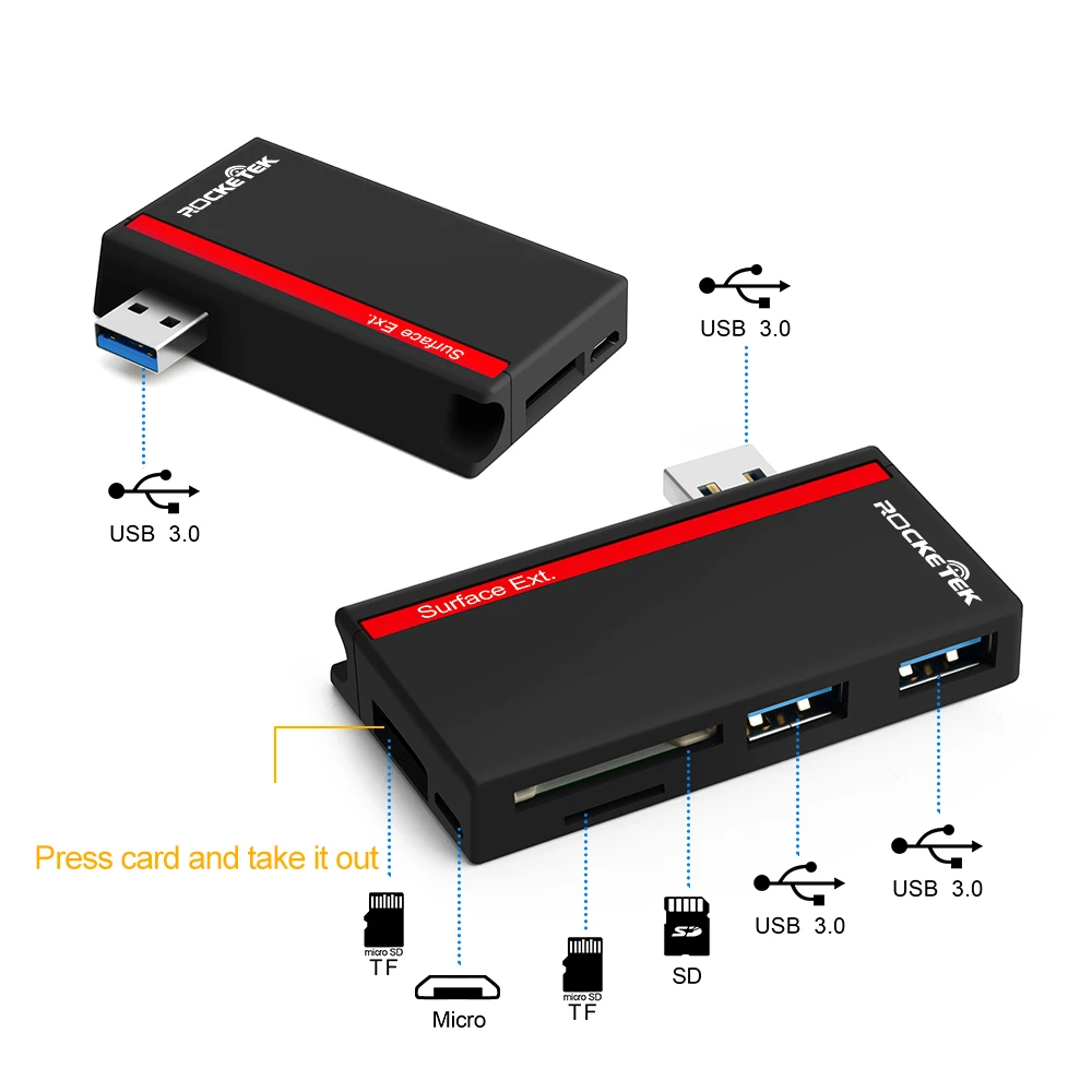 Rocketek USB 3,0 мульти 5 в 1 устройство чтения карт памяти Адаптер для SD/TF micro SD Microfoft Surface Pro 3/4/5/6 концентратор ноутбук компьютер