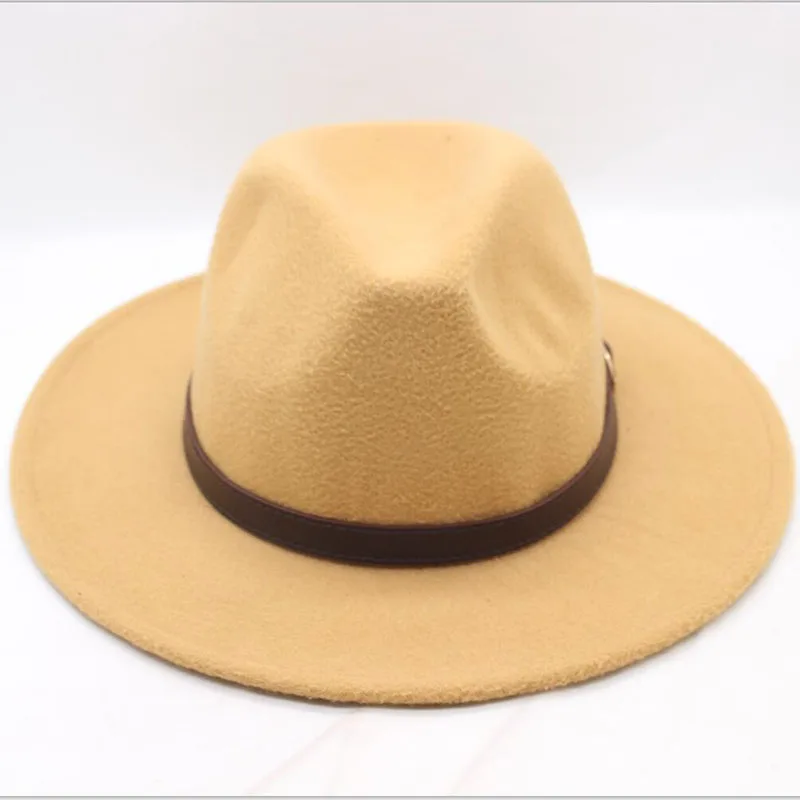 Котелок шляпа мужская мода мелкой Fedora шапки классический унисекс, однотонный ремень золотой пряжкой большой размеры шапки 57 см шерсть Теплый мужской - Цвет: Camel