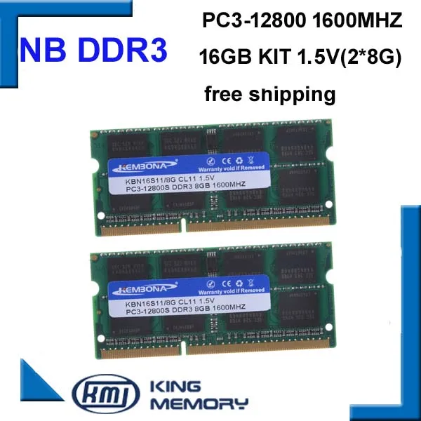 Kembona Velocidade Rápida Sodimm Portátil Ram Ddr3 16gb Kit de Peças Ddr3 8gb1600mhz Pc3 12800s 1.5v 204pin Memória Ram