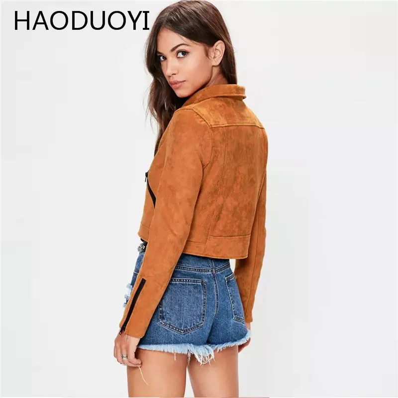 Haoduoyi моды осень Для женщин мотоцикл PU Базовая куртка замшей косой молнией