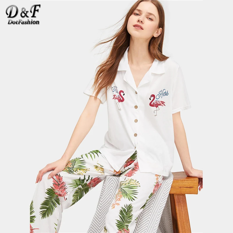Dotfashion, пижама с тропическим принтом фламинго,, пижама для женщин, весна-лето, повседневная женская одежда с коротким рукавом на пуговицах