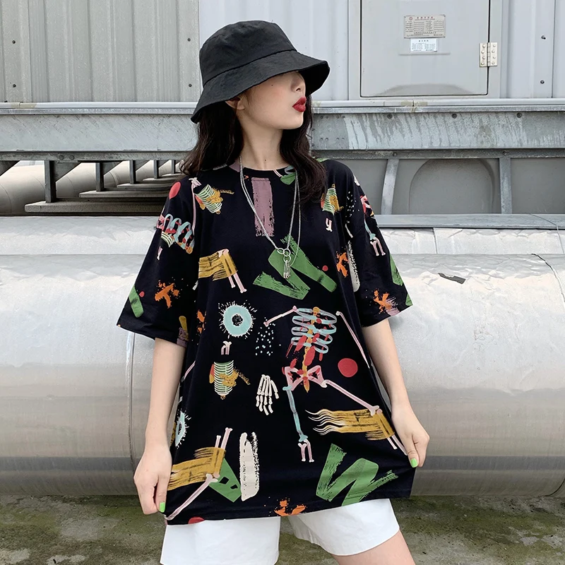 New Summer Loose Short-sleeved T-shirt Female Cool Street Hip-hop Graffiti Harajuku Style Shirt Camisetas Verano Mujer 2020 | Женская