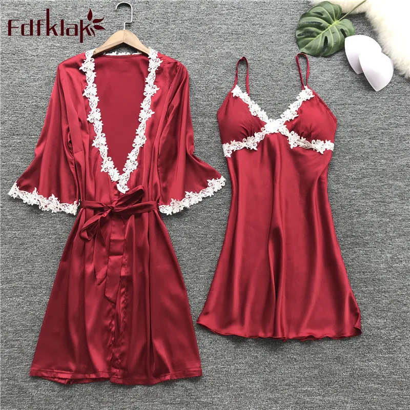 Fdfklak женский пижамный комплект кружевное шелковое платье + банный халат 2 шт. для