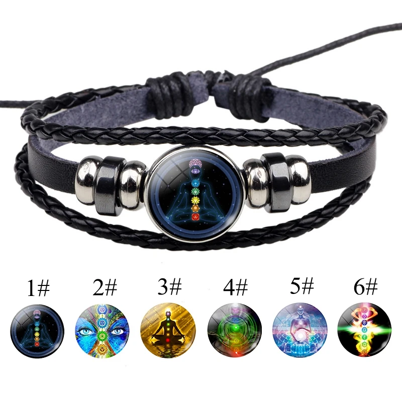 

Fashion Accessories Seven Chakra Yoga Button Bracelet Reiki Healing Spiritual Jewelry Black Woven Leather Bracelets Women Gift