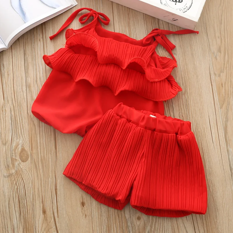 Girls Clothes Sets Summer Tracksuit For Girl Baby Fashion Chiffon Clothing Set Kids Vest Shorts Suit Strap Cute Top 2 piece 3yrs