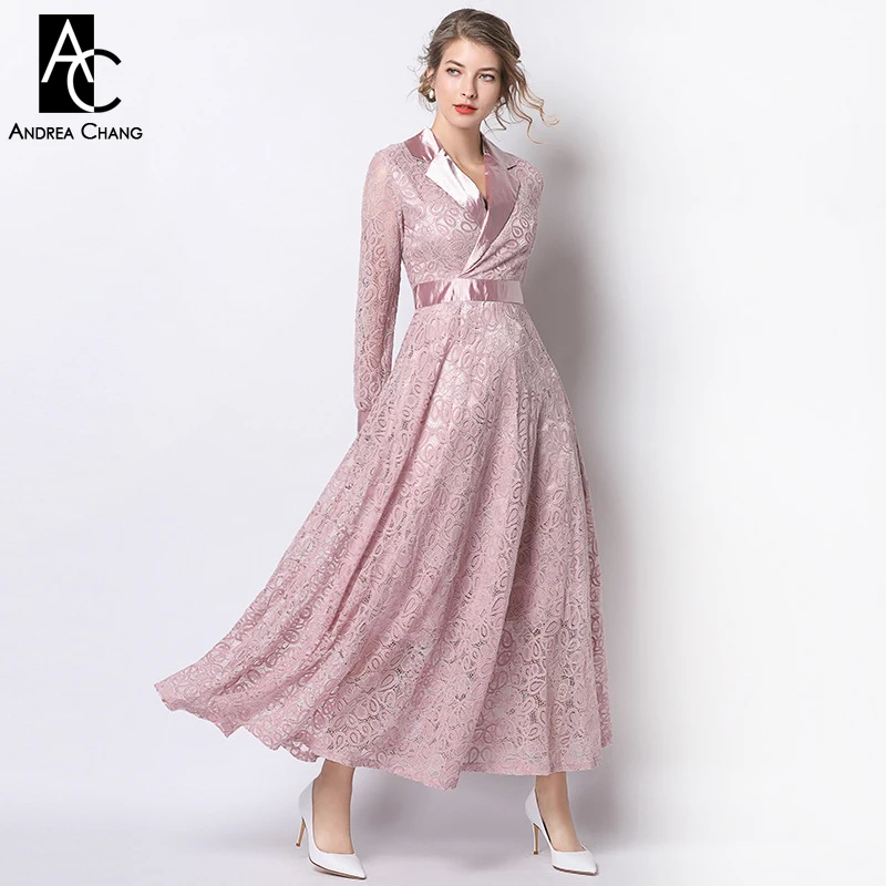 Женское винтажное платье макси с длинным рукавом розовое кружевное до щиколотки