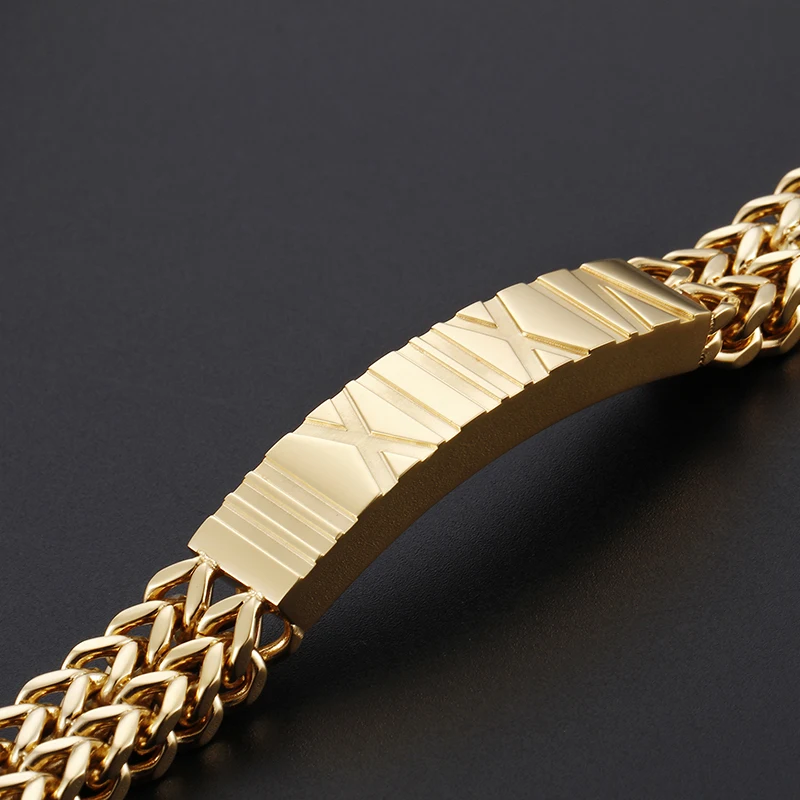Heyrock Gold-color Stainless Steel Double Layer Link Chain Bracelet with Roman Numerals for Men Boys Punk Jewelry | Украшения и