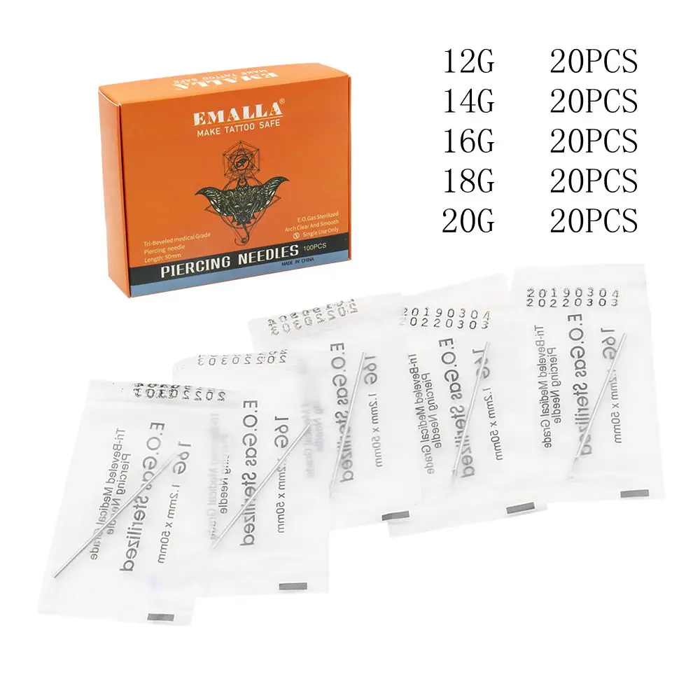 EMALLA 12 г 14 16 18 20 100 шт. пирсинг иглы стерильные одноразовые для пирсинга носа и