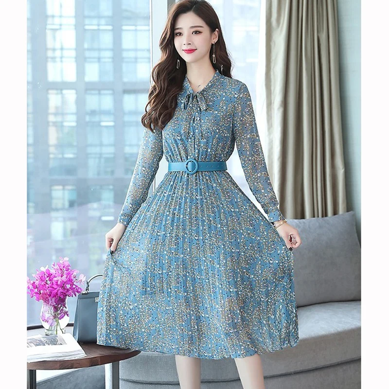 Женское винтажное шифоновое платье миди с длинным рукавом и цветочным