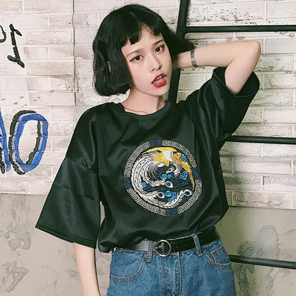 Женская летняя футболка Топ 2019 корейский стиль Ulzzang Harajuku винтажная вышивка