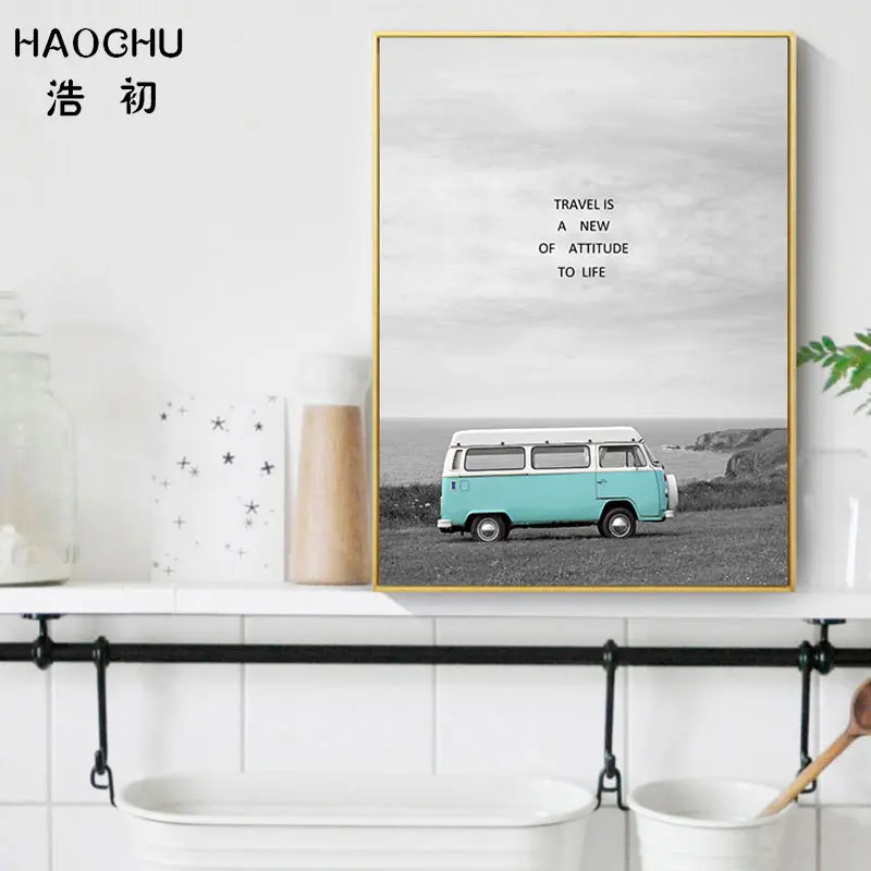 HAOCHU Art Poster Landscape Canvas Painting Sea View Blue Car Fresh House Gray Sky Home Decoration Picture Wall Decor | Дом и сад