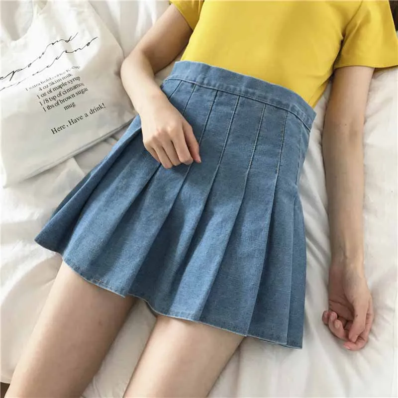 Джинсовые юбки для Для женщин 2018 Лето Винтаж джинсовая юбка в складку Высокая