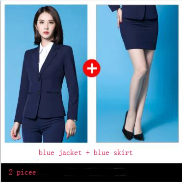 blue suit 2piece Корейский профессиональный женский комплект размера плюс, новинка, черная, синяя юбка, брючный костюм, офисный костюм для женщин, Блейзер, брюки, рубашка - Цвет: blue suit 2piece
