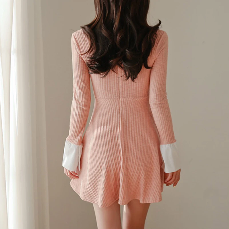 Sexy Deep V-neck Hit Color Women Dress Elegant Slim Waist A-line Patchwork Knitted Female Short 2019 Spring Summer | Женская одежда