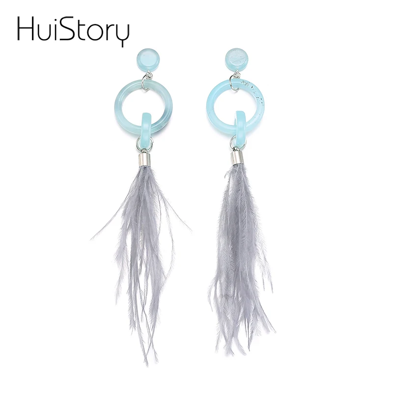HUISTORY Acrylic Earrings Fashion Jewelry Vintage Statement Blue Feather Women For Party Gift | Украшения и аксессуары