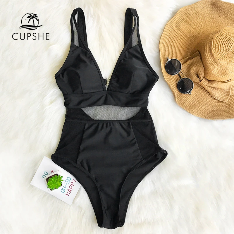 Купальник CUPSHE Женский черный сетчатый с треугольным вырезом монокини 2020|swimwear