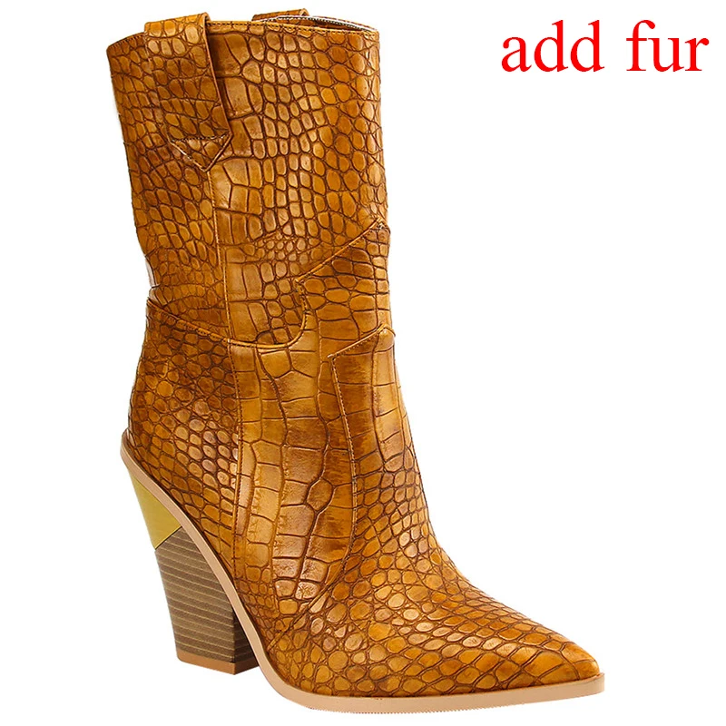 brown add fur Karinluna/Новые поступления г. Сапоги до середины икры на Высоком толстом каблуке размера плюс 33-46, Прямая поставка Женская обувь без шнуровки женские ботинки - Цвет: brown add fur