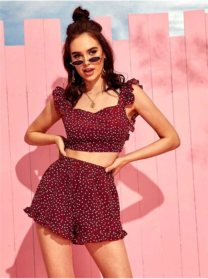 Boho пляжный летний женский костюм из двух предметов с оборками в горошек, укороченный топ и шорты, костюм с открытой спиной, Женский комплект из 2 предметов, пляжная одежда