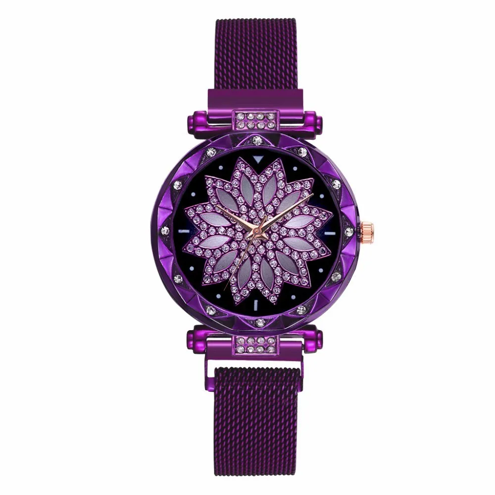 purple Женские часы с магнитной пряжкой и цветочным принтом, роскошные женские Стразы, кварцевые часы Vansvar, Часы Relogio Feminino, Прямая поставка - Цвет: purple