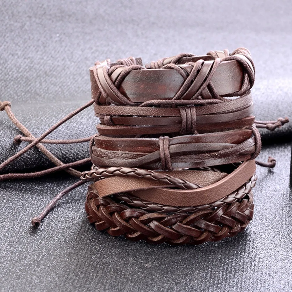 5 шт. винтажная ручка многослойный кожаный браслет мужской модный плетеный