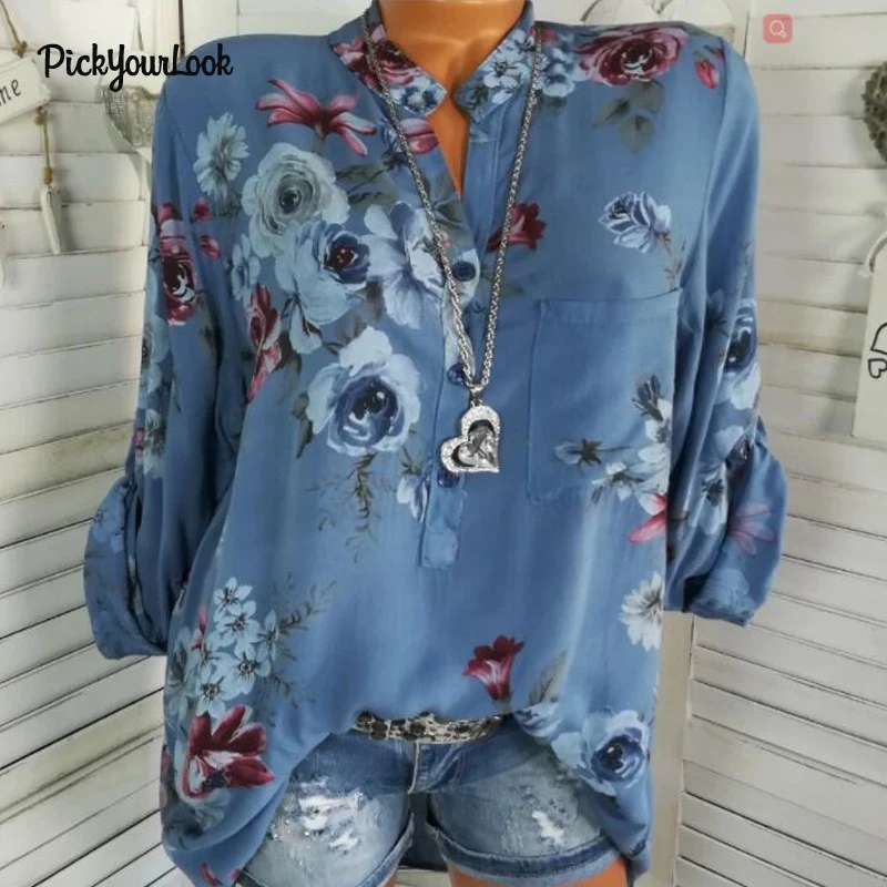 PickyourLook женские топы размера плюс Цветочная блузка рубашка с длинным рукавом