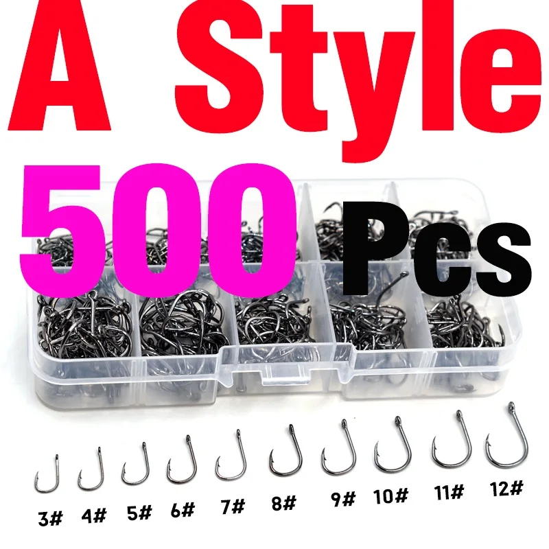 A Style 500PCS MNFT 500 шт. рыболовный крючок смешанного размера#3~ 12 углеродистая сталь Карп Рыболовный крючок джиг колючая с отверстием золотой черный гальванический рыболовные крючки - Цвет: A Style 500PCS