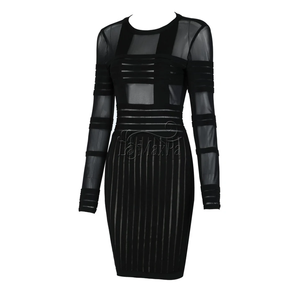 2019 New summer Black sexy Dress Long Sleeve Patchwork Hollow Out Pencil Bodycon Female Mesh Perspective bandage Dresses | Женская