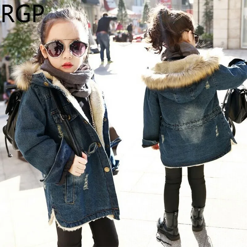 Джинсовая куртка для девочек длинная с флисовой подкладкой теплая меховым