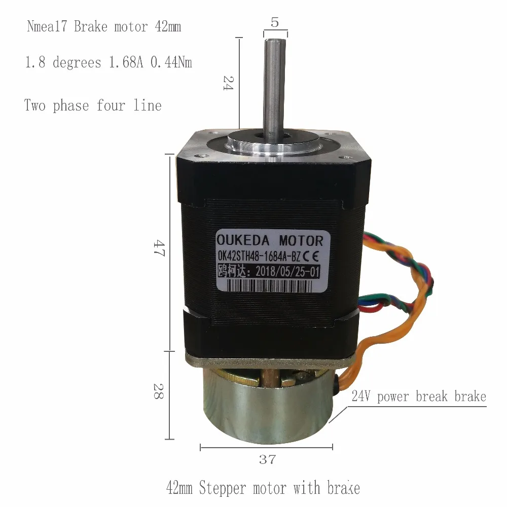 

4-проводной шаговый двигатель Nema 17 OK42STH48-1684BZ, 1,68 А, 0,44 нм, nema 17-шаговый двигатель с 24 В тормозом, ЧПУ, лазером и 3d-принтером