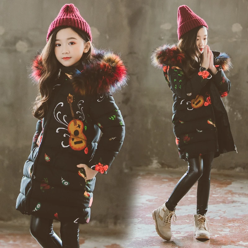 Детская зимняя куртка с изображением скрипки теплое пальто большим меховым