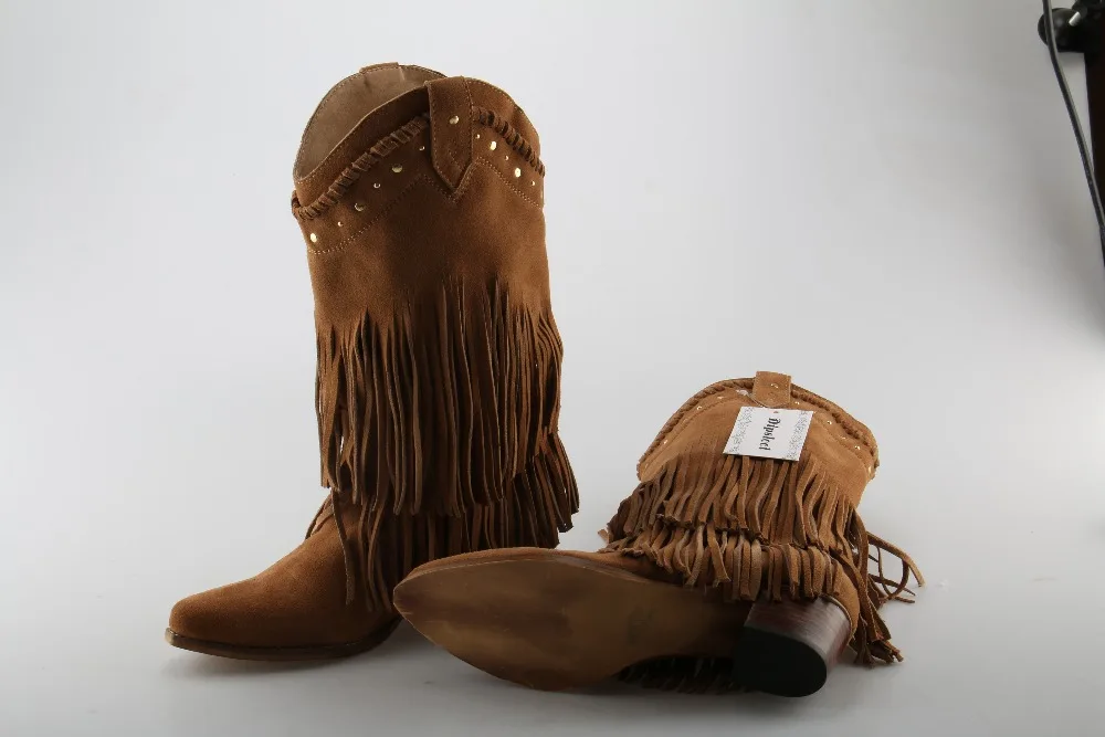 Лидер продаж женские замшевые ботинки с кисточками без шнуровки ковбойские