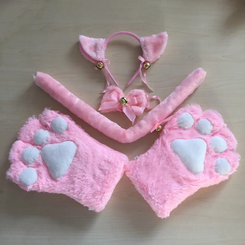 Розовый Милые сексуальные Kawaii Kitty Cat Meow star Love Ribbon Аниме Косплей Аксессуары наборы плюшевые лапы кошки перчатки-когти хвост Ухо повязка на голову - Цвет: Розовый