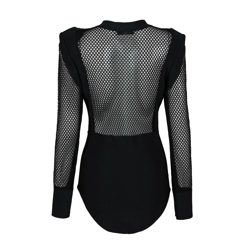 Beateen 2018 New Hollow Out Sexy O Neck Full Sleeve Romper Fashion Solid Zipper Mesh Fishing Net Bodycon Women Bandage Bodysuits | Женская