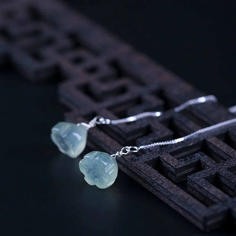 Женские длинные серьги Flyleaf Винтажные из серебра 100% пробы с нефритом лотоса и 925