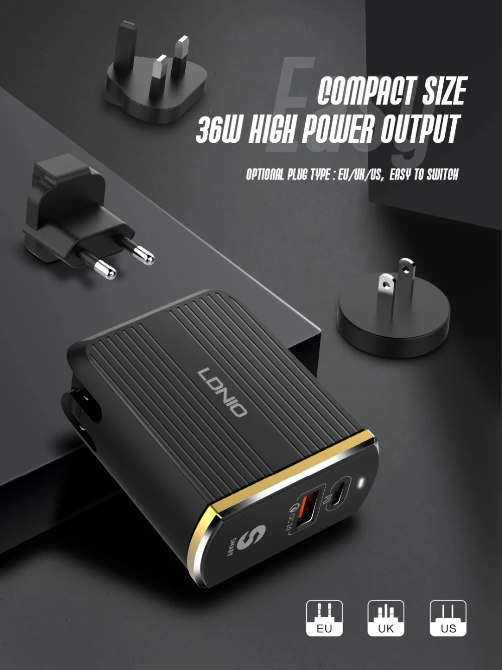 LDNIO 36 Вт USB быстрое зарядное устройство для телефона с поддержкой QC 3,0 Быстрая зарядка домашнее настенное зарядное устройство с разъемом для быстрой зарядки для iPhone type-C PD