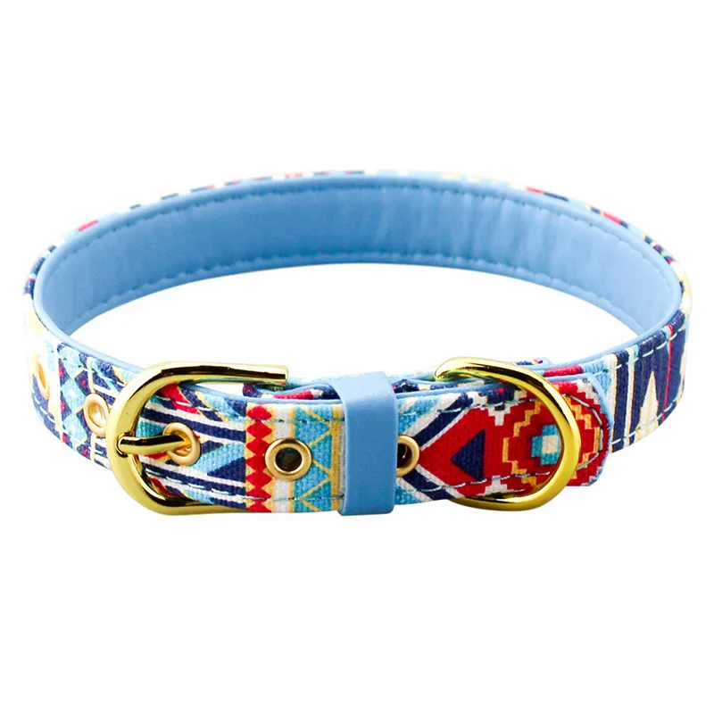 Light Blue Pawstrip Холщовый кожаный ошейник с принтом Pitbull Puppy ошейник Регулируемый ошейник для питомцев для маленьких собак Collier Chien Petshop S/M/L - Цвет: Light Blue
