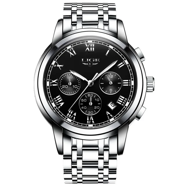 Slive black Новые часы мужские роскошные брендовые LIGE с хронографом мужские спортивные часы водонепроницаемые полностью Стальные кварцевые мужские часы Relogio Masculino - Цвет: Slive black