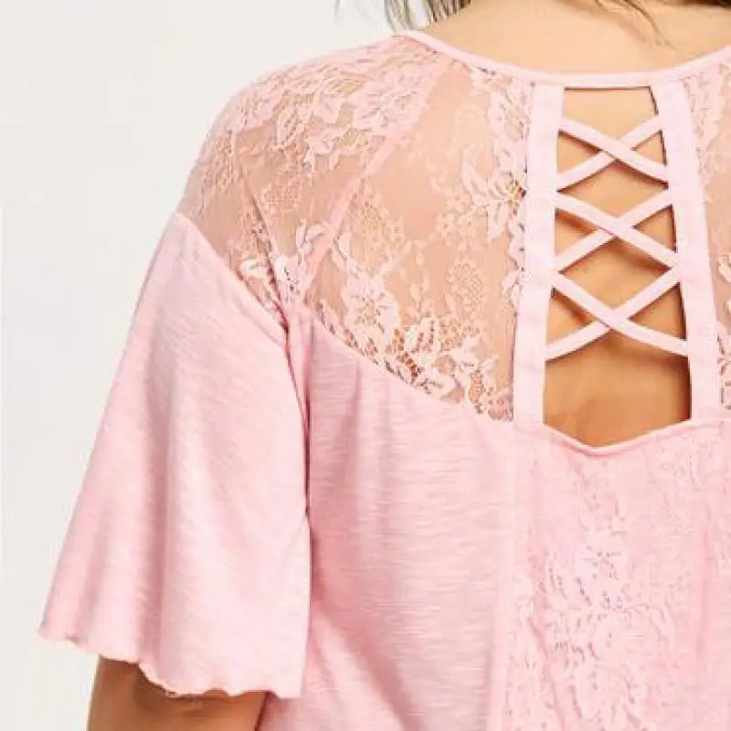 

2018 Women Plus Size Tops New Irregular V Collar Splicing Lace Cotton Blouse Large Size Summer Casual Tee Shirt