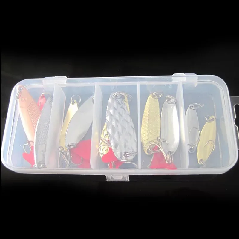 

10Pcs Fishing Metal Spoon Lure Kit Set Gold Silver Baits Sequins Spinner Lures with Box Treble Hooks Fishing Tackle Gear