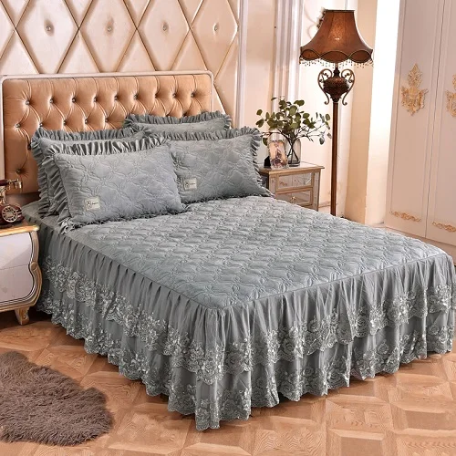 bedding set 5 Комплект постельного белья из 3/5 предметов с кружевной флисовой стеганой юбкой 160X200 см, Ультра мягкий теплый комплект постельного белья красного и синего цвета, Комплект постельного белья, комплект покрывала, набор подушек - Цвет: bedding set 5