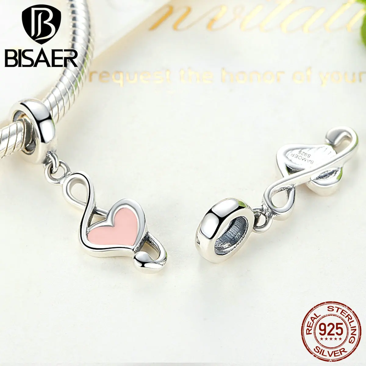 BISAER, 925 пробы, серебряное, розовое сердце, подвеска, подвеска в форме ноты, подходят к оригинальному пану, браслеты, женская мода, сделай сам, ювелирное изделие, HSC110