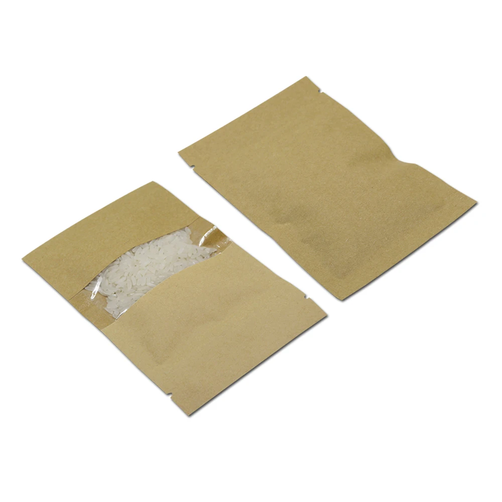 100 шт. Kraft Бумага Упаковочные пакеты Zip-Lock с прозрачным окном Resealable ZipLock Еда упаковка мешки для бобы Чай закуски орехи