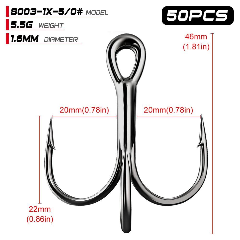 Size 5 0 50 шт./лот рыболовный крючок в соленой воде, черные никелевые тройные Крючки 1#-12#2/0#-5/0# Высокоуглеродистая сталь, высокопрочные крючки - Цвет: Size 5 0
