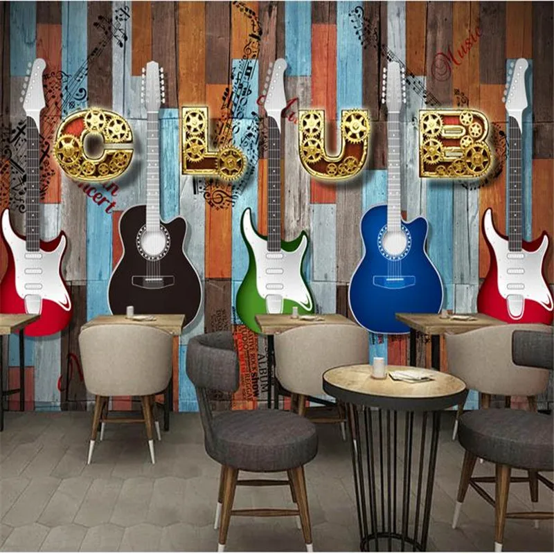 

3D Custom Wallpapers Bar KTV Theme Murals Photo Vintage American Industry Walls Papers for Music Art Painting Backdrop Guitar