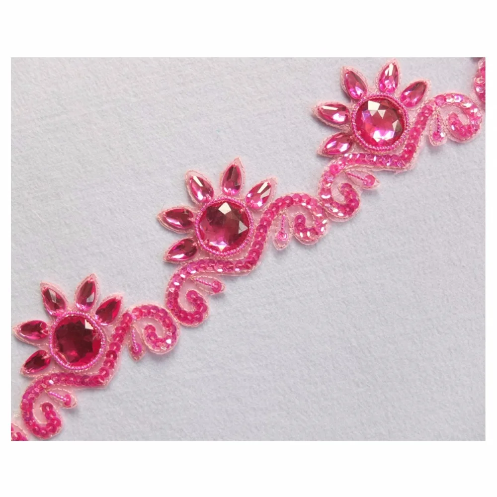 Free Shipping 1Yard x High Quality Pink Sequined Beaded Stoned Lace Trims for Costumes Couture Dress and Sewing DIY Crafts BT18F | Дом и сад