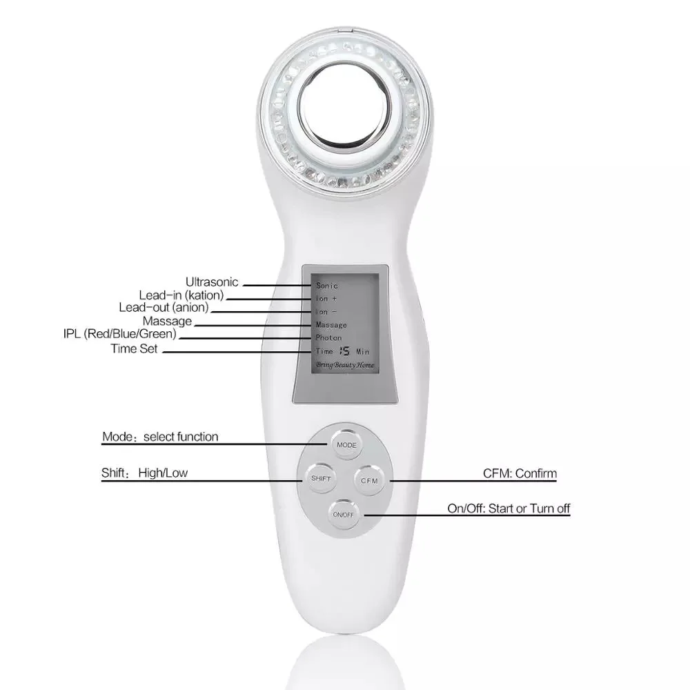 Ультразвуковой светодиодный Фотон терапия массажер для лица против старения