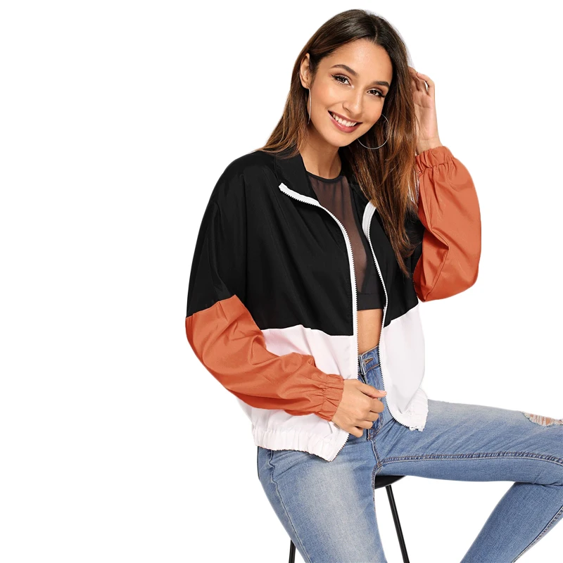 SHEIN Многоцветный эластичный подол цветной блок ветровка куртка для женщин лето осень с длинным рукавом спортивная уличная верхняя одежда пальто