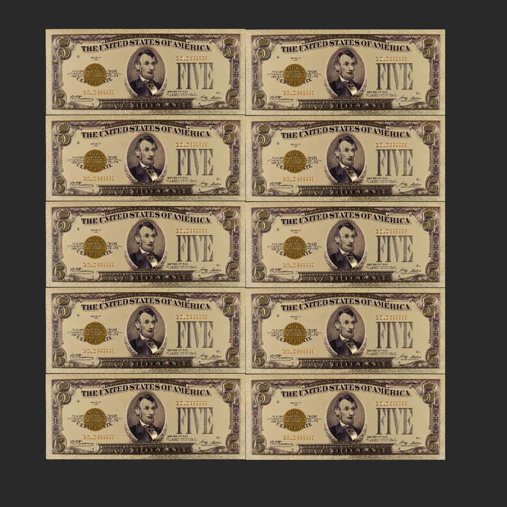 

10 Pcs 1928 Year Colorful USA Banknotes 5 Dollar Bills Bank Note In 24K Gold Plated Fake Currency Money for Gifts Free Shipping